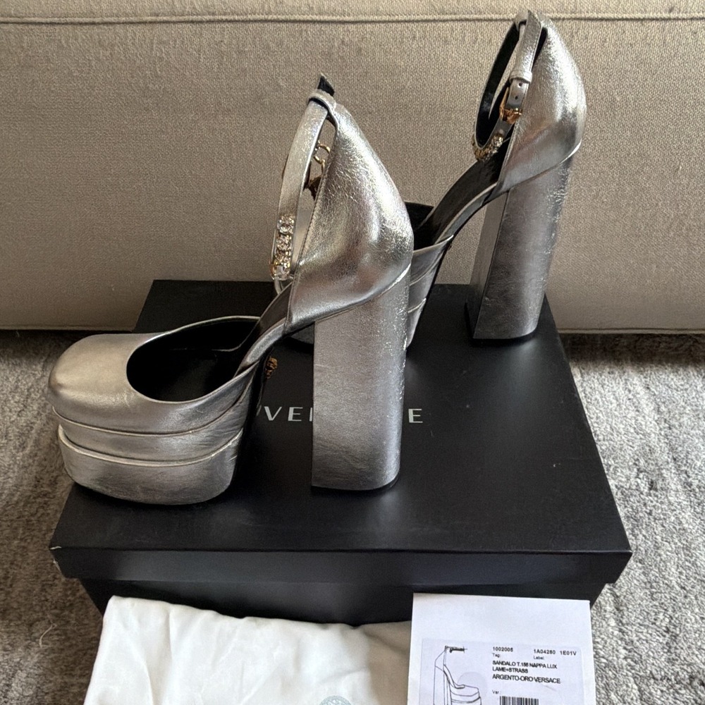 Versace Silver Leather Platform Ankle Strap Square Toe Block Heel Pumps 9.5 - Picture 3 of 6